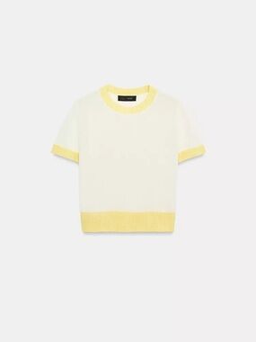 Cream Short Sleeve Knit Top with Yellow Trim